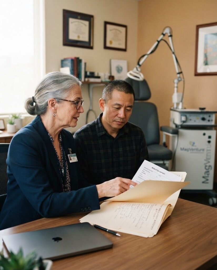 A clinician reviewing paperwork with a patient across a desk in a TMS treatment room