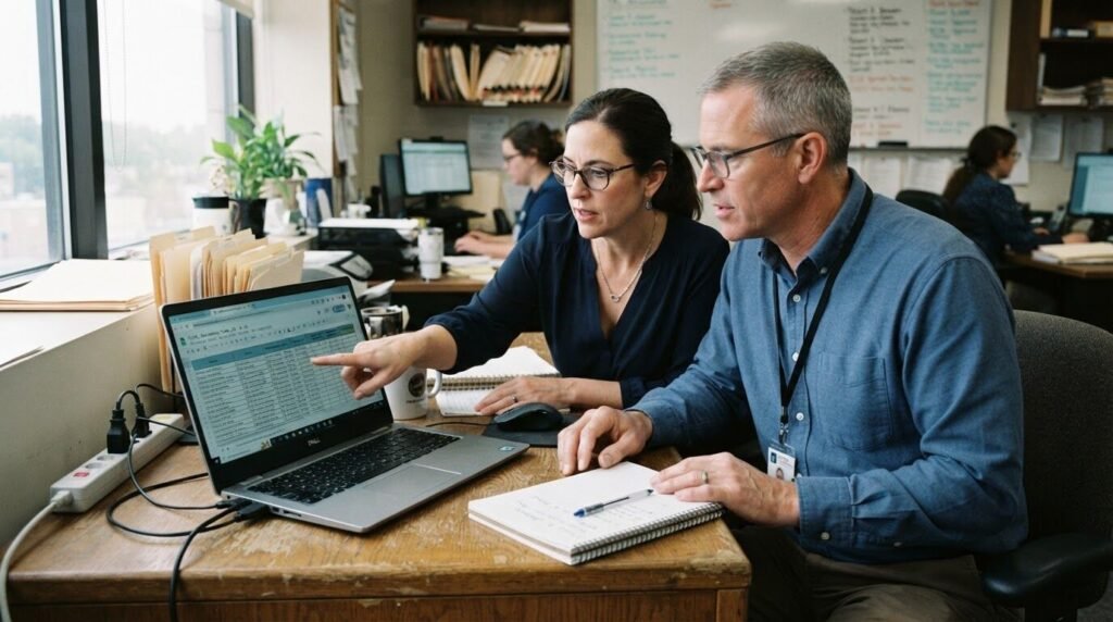 Two billing staff reviewing claims together on a laptop