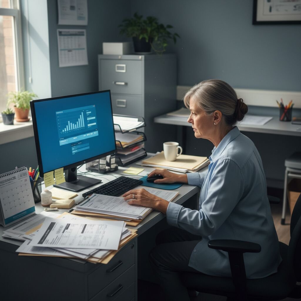 A billing specialist working at a computer in a home office