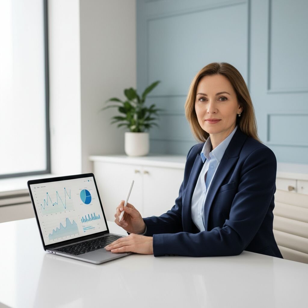 A practice owner reviewing charts on a laptop at a white desk